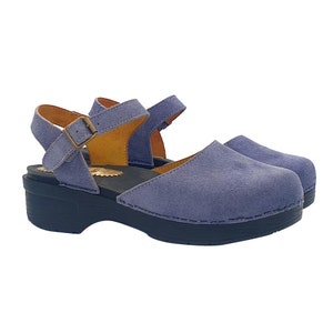 Women&#39;s Dutch clogs low heel with strap in navy suede - G369 CAM NAVY