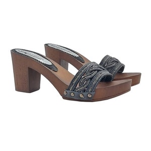 Women&#39;s clogs with fabric band and rhinestones | 7,5 cm heel - Made in Italy - G48 NERO
