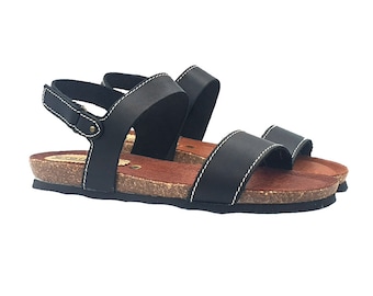 Low black women's sandals with leather band and adjustable strap - Made in Italy - G370 NERO