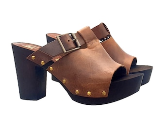 Swedish mules for women with heel 8 in brown leather - Made in Italy - MY160 TAUPE
