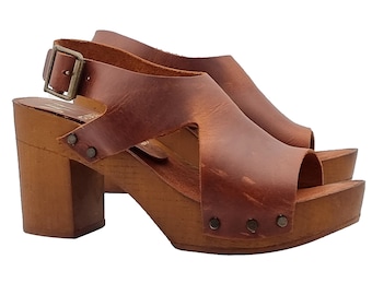 Sandalias de piel marrón con puntera abierta y tacón de 8 cm - Made in Italy - MY266 MARRONE