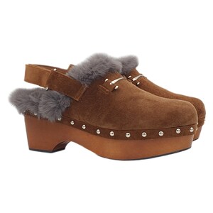 fur lined wooden clogs