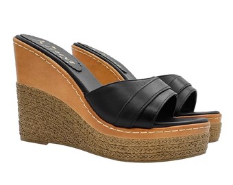 Women's handmade black leather wedges with 11 cm heel - KZ4101 NERO