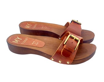 Mules En Cuir Marron MY221 - Talon Bloc 9 Cm, Boucle - Taille 35 à 42 - Fabriqué En Italie