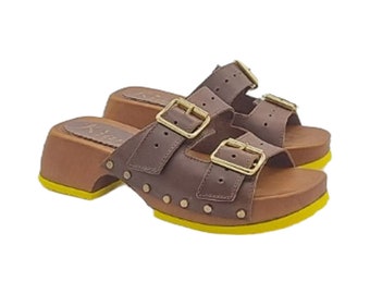 Leather sandals with double adjustable strap - Made in Italy - MY202 CAFFE