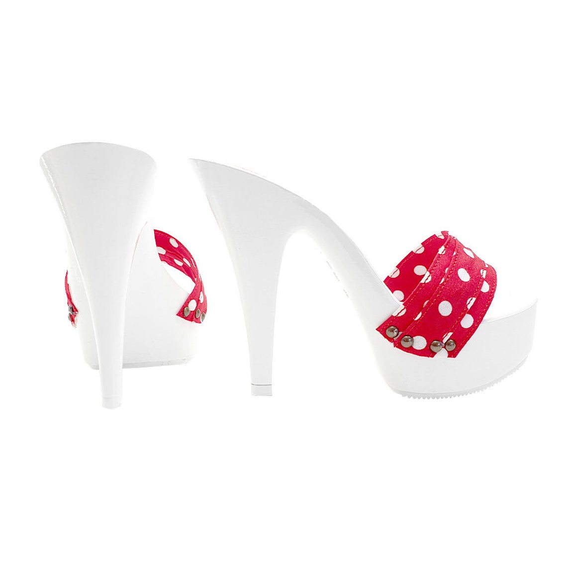 Mules Kiara Shoes K9401 – Talon 13 Cm, Blanc Et Rouge à Pois, Fabriquées En Italie
