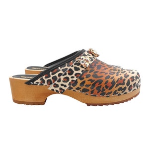 Swedish clogs in leather with rhinestone flowers - Made in Italy - G6434 LEOP