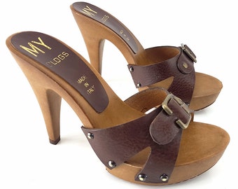 brown italian leather clogs -MY3230 MARRONE