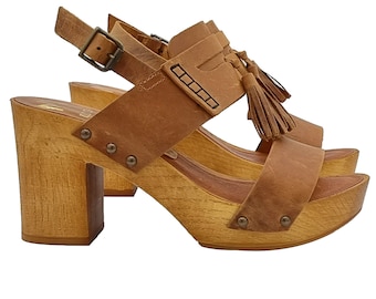 Damenclogs aus braunem Leder mit 8,5 cm Absatz - Made in Italy - MY277 CUOIO