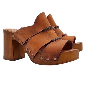 Women&#39;s clogs in brown leather with 8,5 heel - Made in Italy - MY250 MARRONE