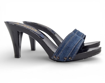 Women’s black clogs with double denim straps – 9 cm heel – Made in Italy – K6501 DENIM