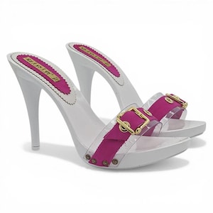 Women’s fuchsia mules with transparent strap & gold-colored buckle – 12 cm heel – Handmade – M7430 FUXIA