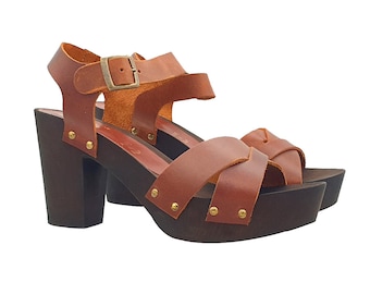 Sandalias de mujer con punta abierta tiras cruzadas tacón ancho - Made in Italy - MY140 MARRONE