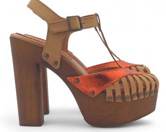 Women’s Clog Sandals in Leather Tan and Metallic Copper – High Heel 13 cm and Platform - MY406 TI