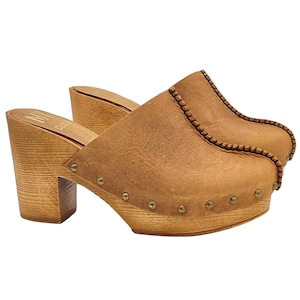 Women&#39;s sabot in brown leather with wide heel - Made in Italy - MY284 CUOIO