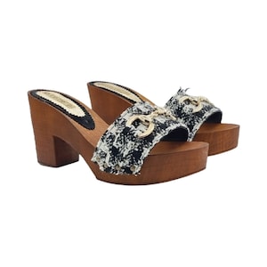 Women&#39;s clogs in tweed fabric and golden accessory - Made in Italy - G1043 NERO