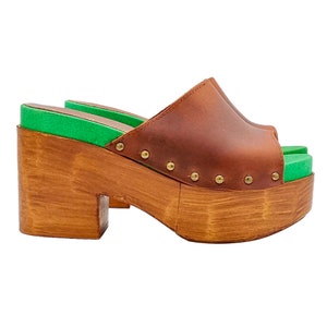 Mules in leather brown and green heel 9.5 cm - Made in Italy - MY176 CUOIO