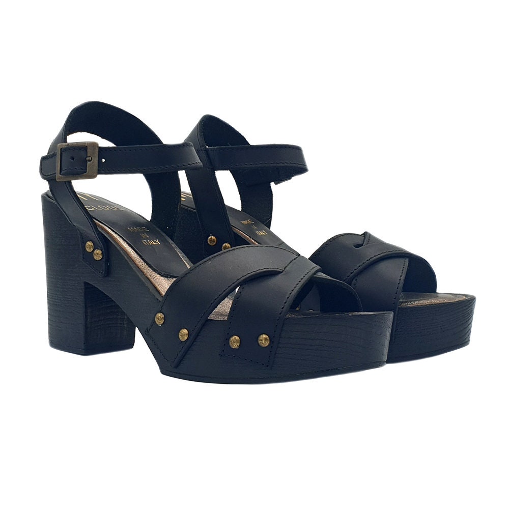 Black leather women's sandals crossed bands Handmade - MY140 NERO
