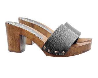 Clogs with 7.5 cm heel and black leather band - Made in Italy - MY47 NERO