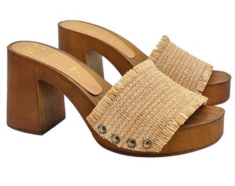 Zuecos de mujer de tacón con bandas cruzadas de tela | punta abierta - MY035 CAMEL
