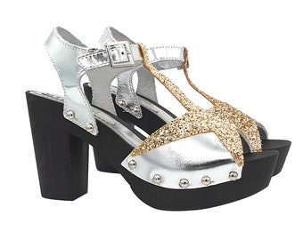 Women's clogs with silver leather bands and golden glitter star - Made in Italy - G367 ARGENTO