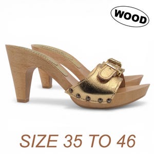 May include: Wooden clogs with a gold metallic strap and buckle. The heels are made of wood and are high. The clogs have a studded design on the front. The text on the image says "WOOD" and "SIZE 35 TO 46".