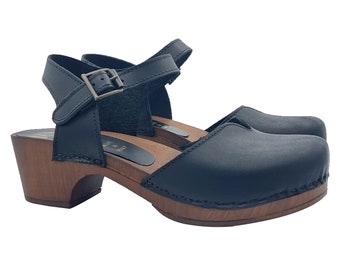 Sandales hollandaises en cuir noir avec bride - Made in Italy - MY214 NERO