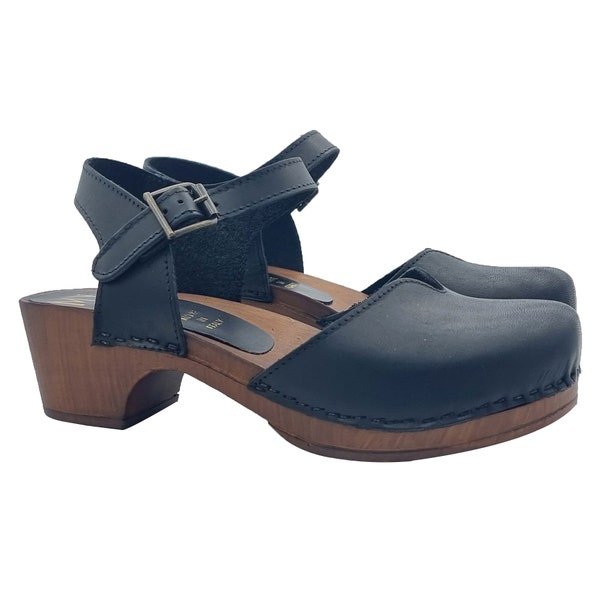 Dutch black leather sandals with strap - Made in Italy - MY214 NERO