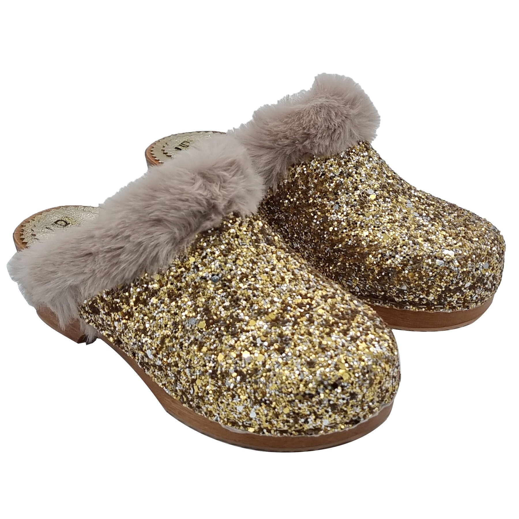 Shiny Clogs Gold Glitter Girl's Clogs With Synthetic Fur - Made in Italy - GL114 ...