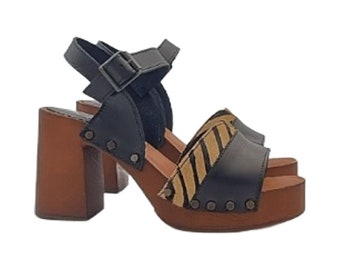 Zuecos bicolor con tacón de 9 cm fabricados en piel - Made in Italy - MY329 NERO