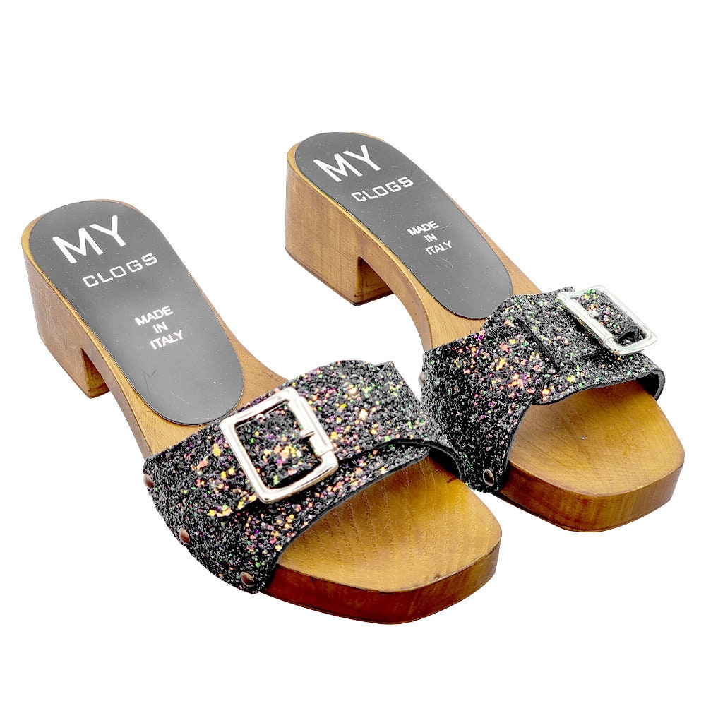 Black Glitter Flat Sandals With Buckle Made in Italy MY98230 GLITTER NERO Etsy Canada