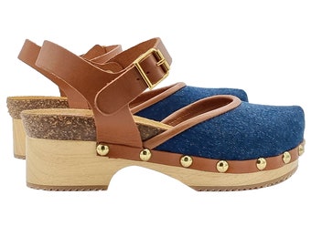 Closed clogs in denim with strap and 6 cm heel - Made in Italy - GL126 DENIM