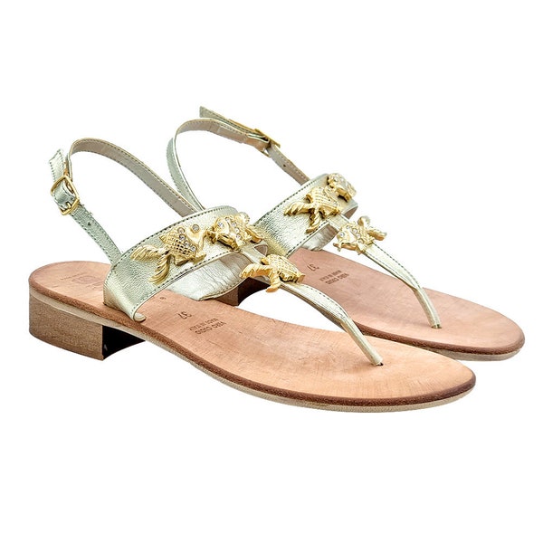 Gold jewel flip flops sandals in leather with 3 cm heel - size 37 - PT62409 ORO