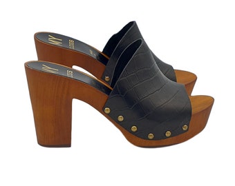 Damen-Clogs mit Obermaterial aus Leder Absatz 9 Made in Italy - MY181 NERO