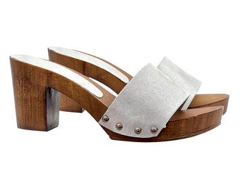 Clogs with 7.5 cm heel and silver leather band - Made in Italy - MY47 DR ARGENTO