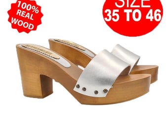 Silver-colored clogs with leather band and heel 9 - FROM 35 to 46 - GL201 ARGENTO S