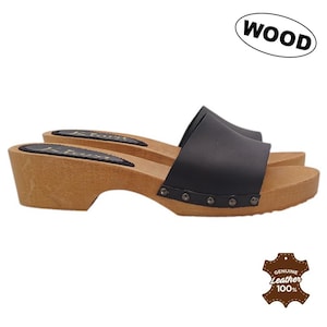 Clogs Heel 4.5 cm, Real Leather and Wood - Handmade - KL124 NERO