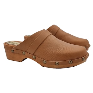 Low leather clogs with 5 cm heel - Made in Italy - GL121 CUOIO