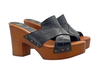 Women's Swedish Clogs in Leather & Cross Bands | Handmade - MY164 COCCO NERO