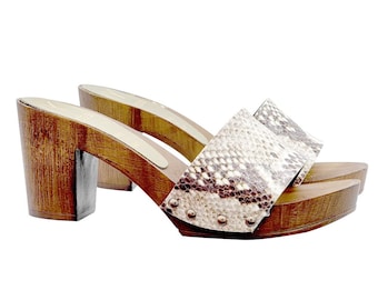 Handcrafted women's clogs with high heel and leather band - Made in Italy - MY47 PIT BEIGE