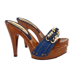 Blue denim mules with golden chain and heel 11 - Made in Italy - 21199 DENIM