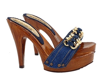 Holzeffeckt clogs Blaue Jeans mit goldener Kette und Absatz 11 - Made in Italy - 21199 DENIM