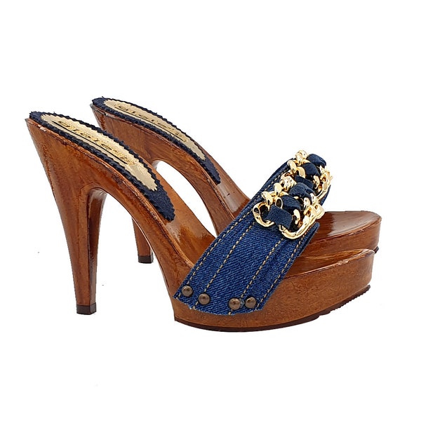 SL CHAIN ATTACH HEELED MULES INDIGO DENIM