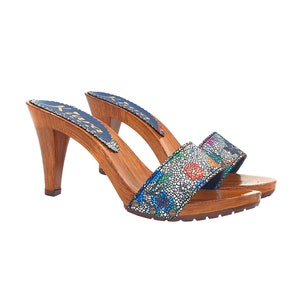 Clogs with decorated black leather band and heel 9 - Made in Italy - K6103 PIC NERO