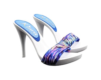 Women's handcrafted clogs with stiletto heel and boreal band - KM7401 BLU BOREALE