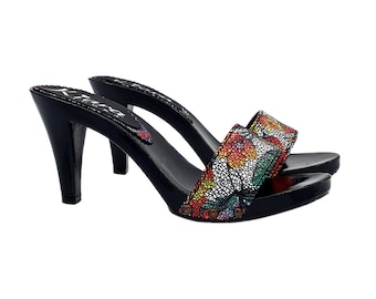 Black lacquered clogs with decorated leather upper - 9 cm heel - K6503 PIC NERO