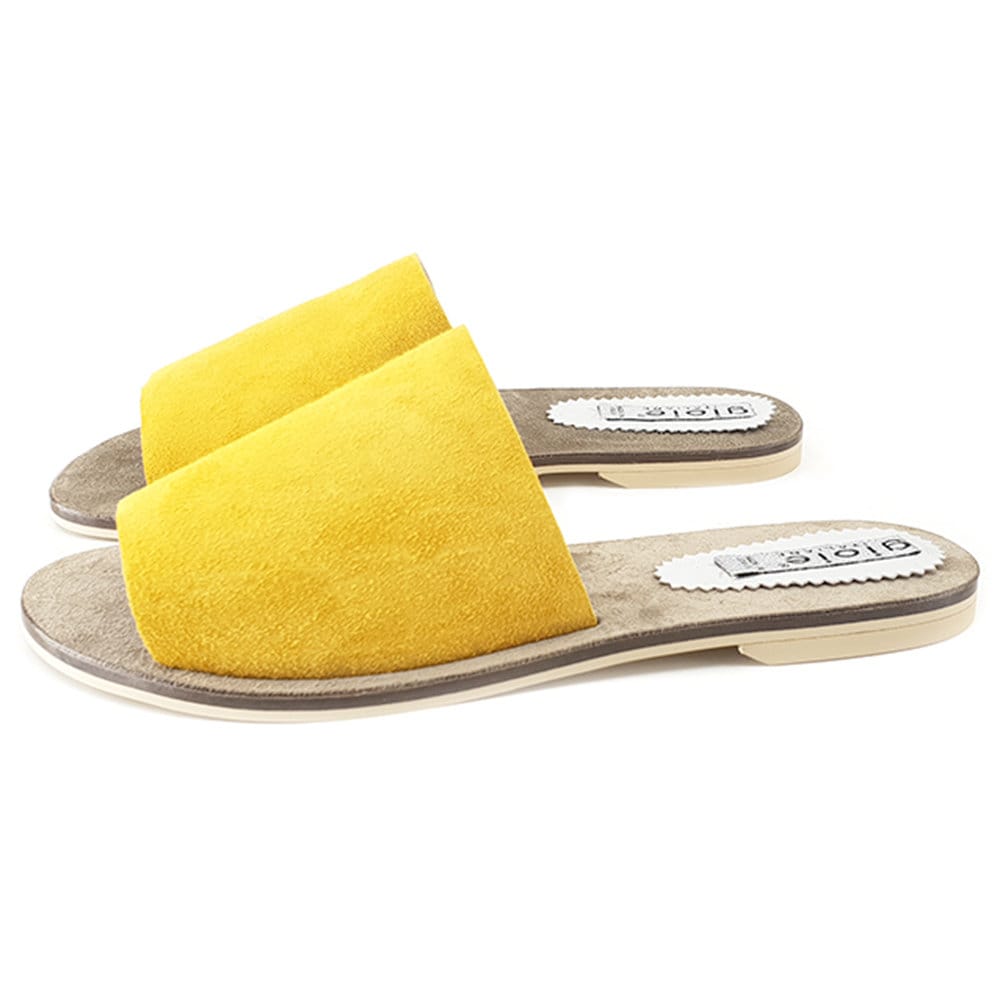 yellow suede slides