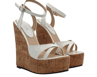 Cork sandals for women with adjustable strap 14 cm heel - KHZ100 BIANCO VERNICE