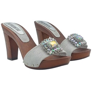 Handmade clogs with borealis accessory, 10 cm heel - G8051 DR ARGENTO