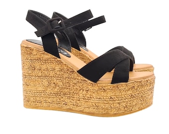 Wedge with crossed bands in black suede and heel 11 - Made in Italy - KCZ22 NERO